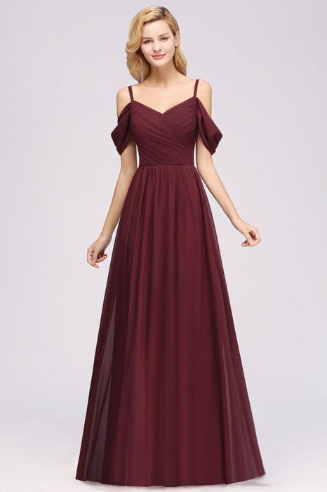 Bridelily Chic Off-the-shoulder Burgundy Bridesmaid Dress with Spaghetti Straps