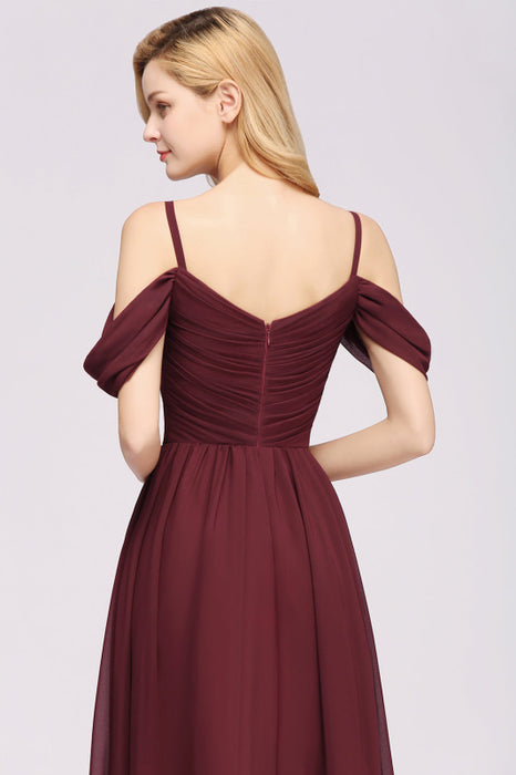 Bridelily Chic Off-the-shoulder Burgundy Bridesmaid Dress with Spaghetti Straps