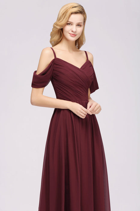 Bridelily Chic Off-the-shoulder Burgundy Bridesmaid Dress with Spaghetti Straps