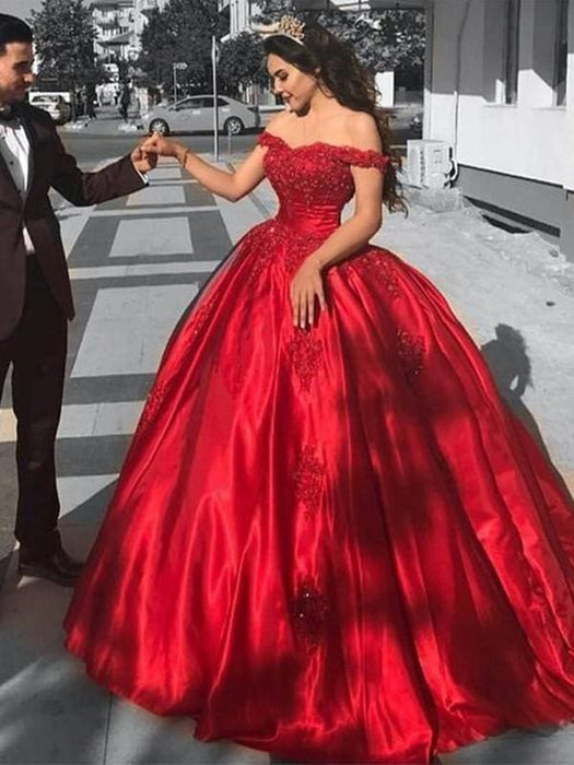 Gown Sleeveless Off-the-Shoulder Sweep/Brush Train Satin Lace Dresses - Prom Dresses