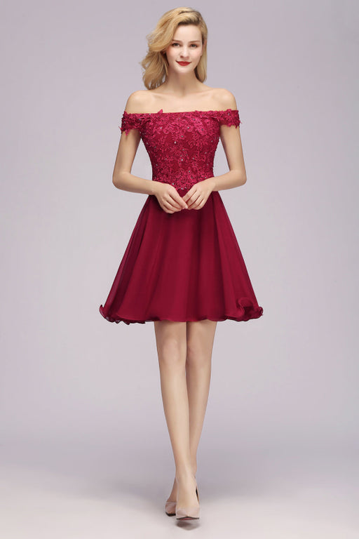 Bridelily Gorgeous Lace Off-the-shoulder Short Burgundy Bridesmaid Dresses Online