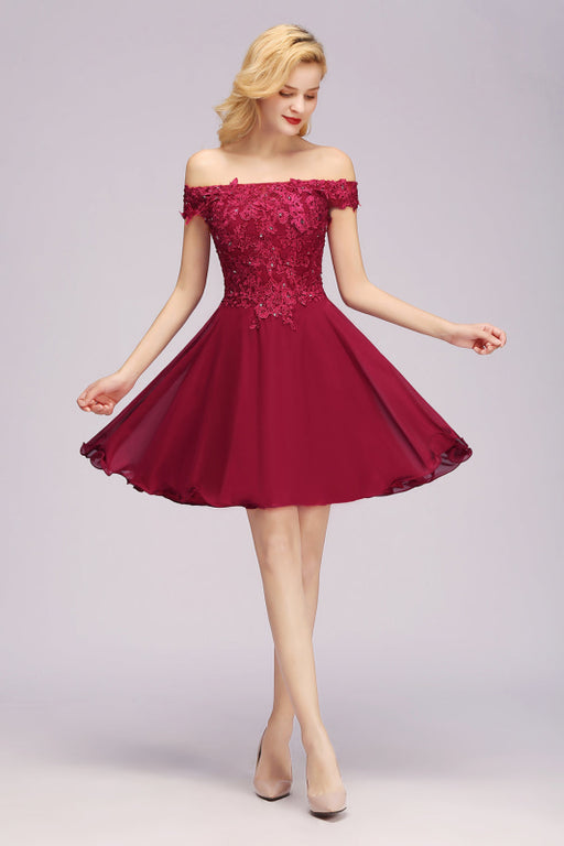 Bridelily Gorgeous Lace Off-the-shoulder Short Burgundy Bridesmaid Dresses Online