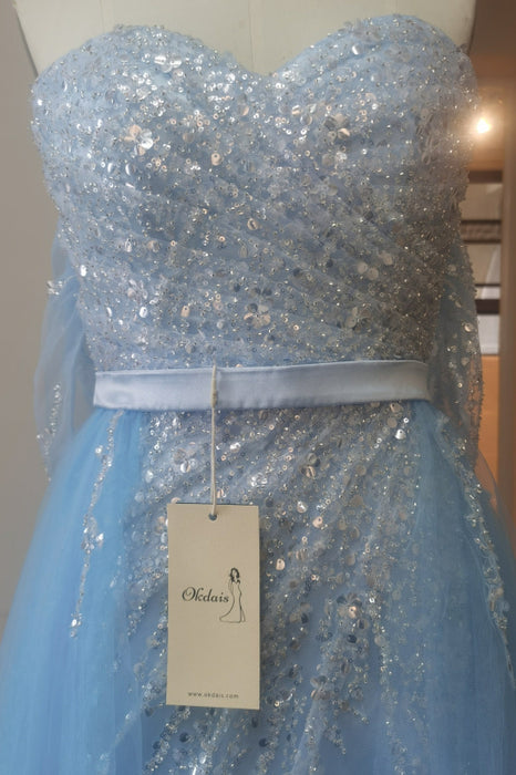 Off-the-Shoulder Sky Blue Prom Dress with Sequins and Slit