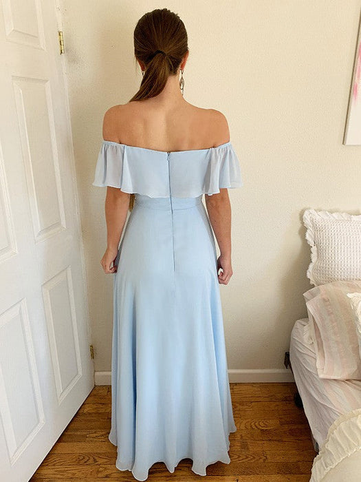 Off the Shoulder Sky Blue Prom Dress With Split