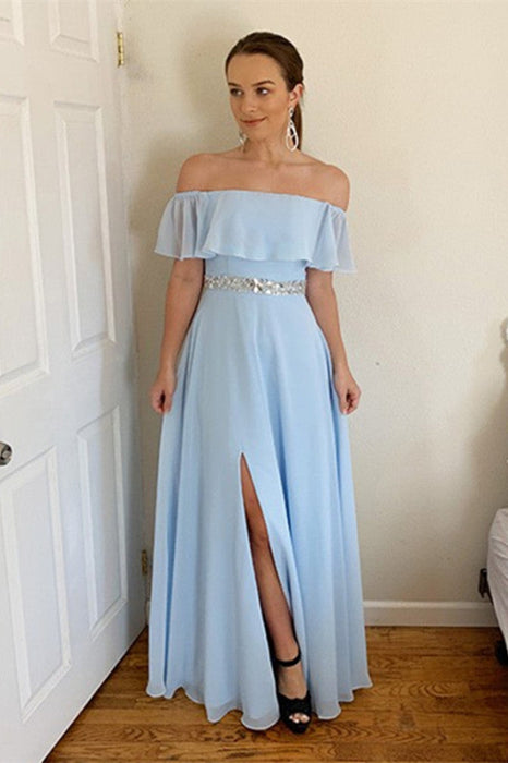 Off-the-Shoulder Sky Blue Prom Dress with Split