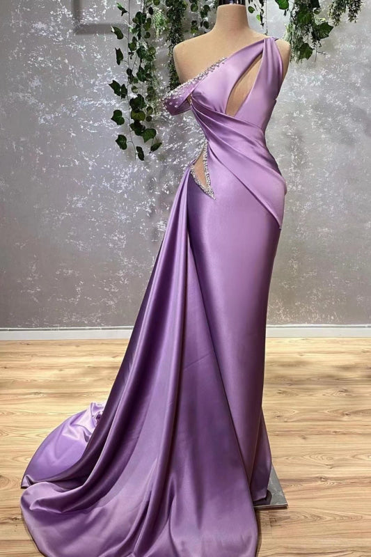 Off-The-Shoulder Sleeveless Lilac Mermaid Prom Dress With Rhinestone