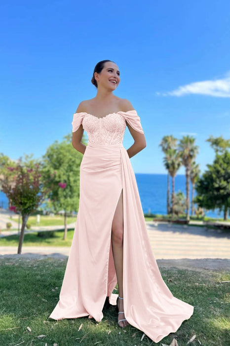 Off-the-Shoulder Sweetheart Beaded Mermaid Prom Dress with Front Split