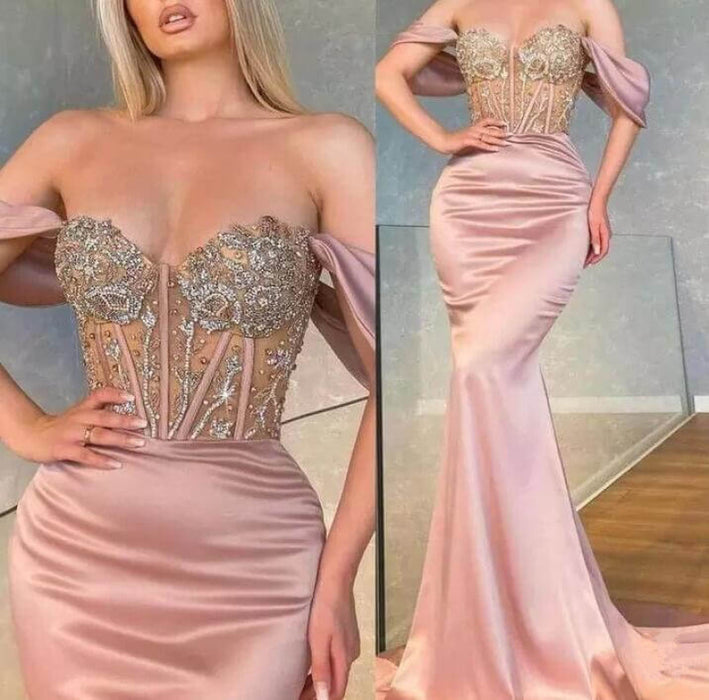 Off-the-Shoulder Sweetheart Mermaid Prom Dress with Beads