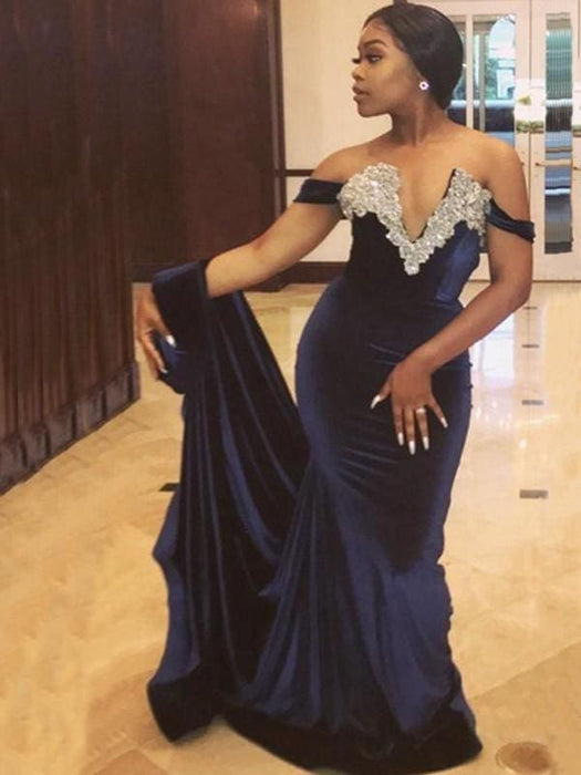 Off-The-Shoulder Sweep/Brush Train With Applique Velvet Dresses - Prom Dresses