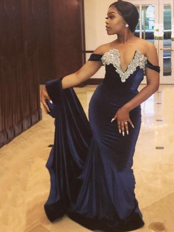 Off-The-Shoulder Sweep/Brush Train With Applique Velvet Dresses - Prom Dresses