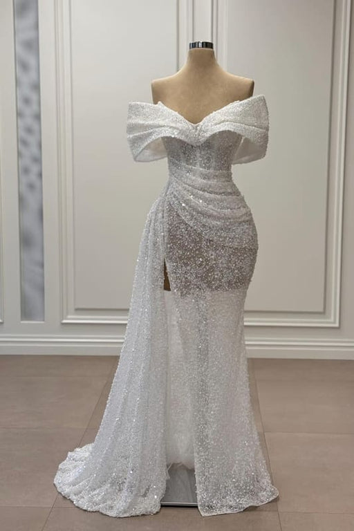 Off-the-Shoulder White Sequined Mermaid Wedding Dress