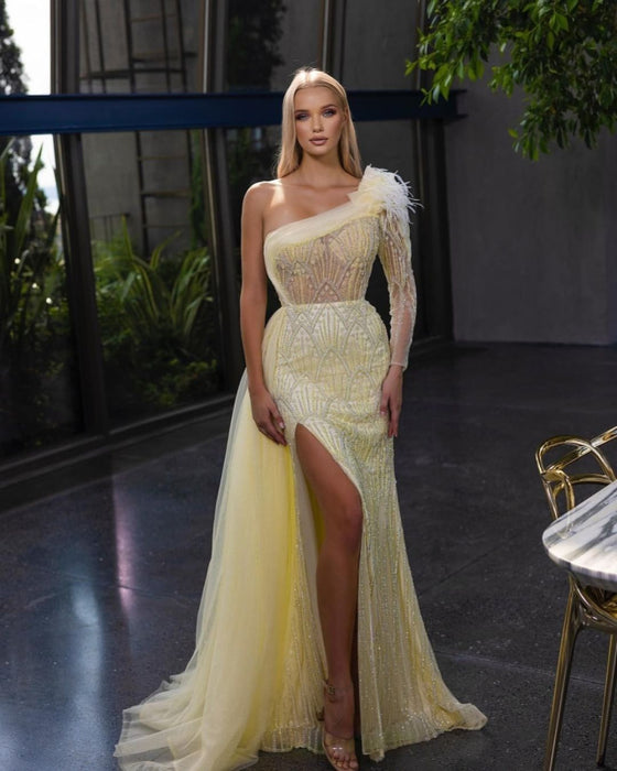 One Shoulder Beaded Prom Gown with High Slit