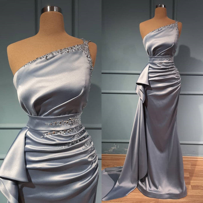 One Shoulder Beadings Prom Dress With Belts - Shiny Silver