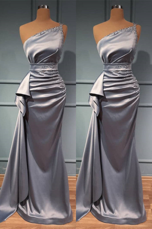 One Shoulder Beadings Prom Dress With Belts - Shiny Silver