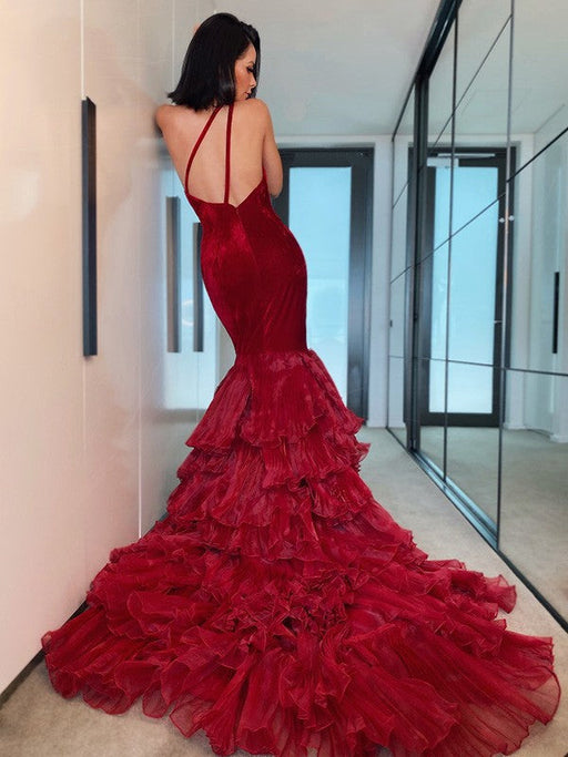 One Shoulder Burgundy Mermaid Prom Dress