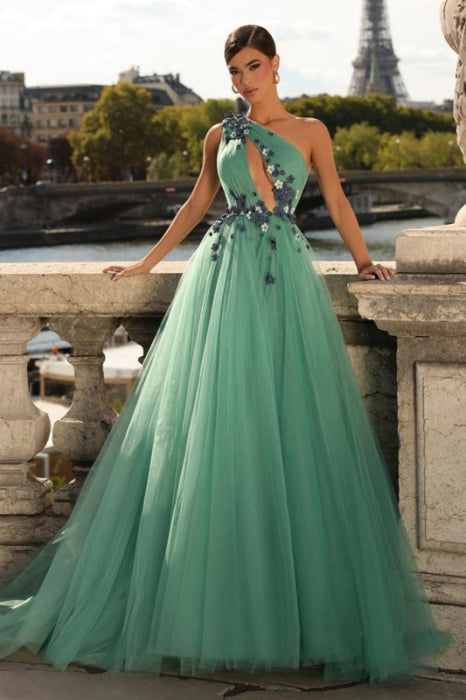 One-Shoulder Green A-Line Prom Dress with V-Neck and Pleats