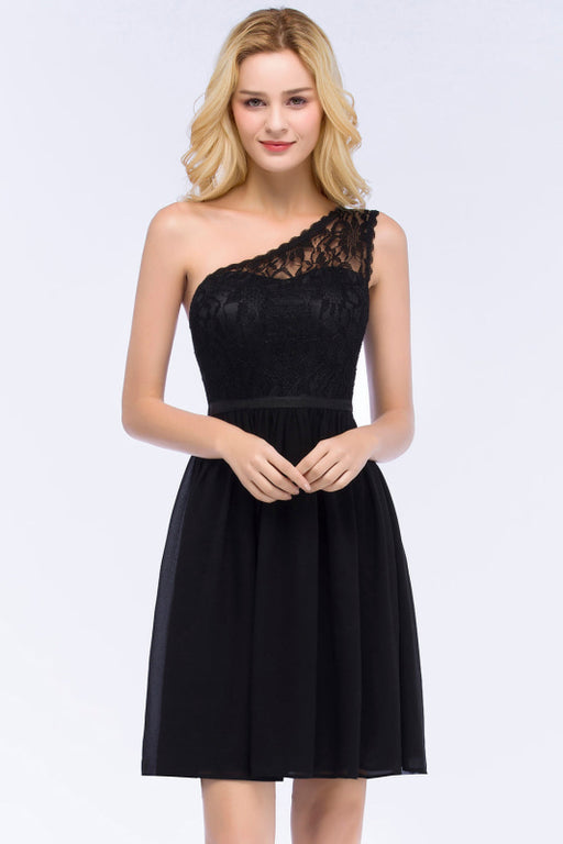 Bridelily Lovely Lace Black One-shoulder Short Junior Bridesmaid Dresses Online