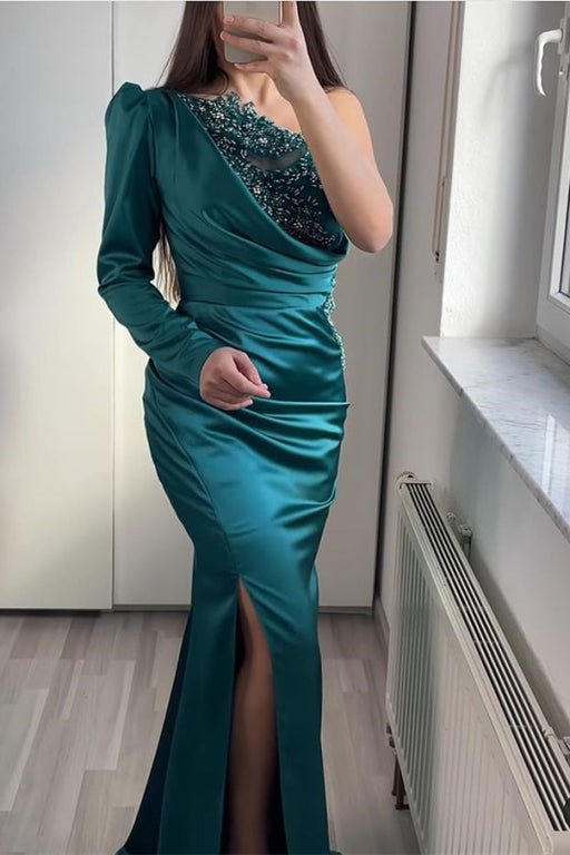 One-Shoulder Long Sleeve Mermaid Evening Dress with Split and Beadings