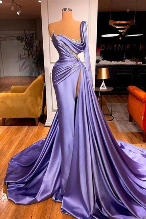 One Shoulder Long Sleeves Mermaid Prom Dress with Beadings