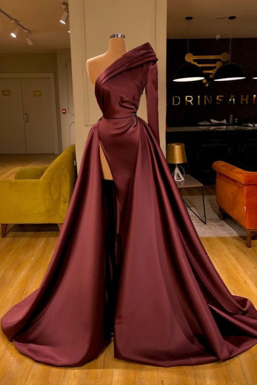 One Shoulder Long Sleeves Prom Dress with Split Overskirt