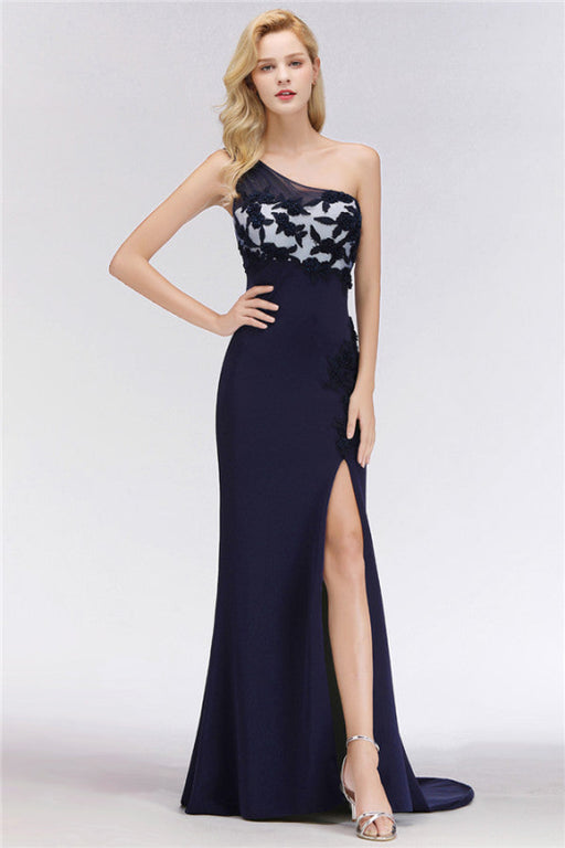 Bridelily Simple Mermaid One-Shoulder Navy Bridesmaid Dresses with Slit