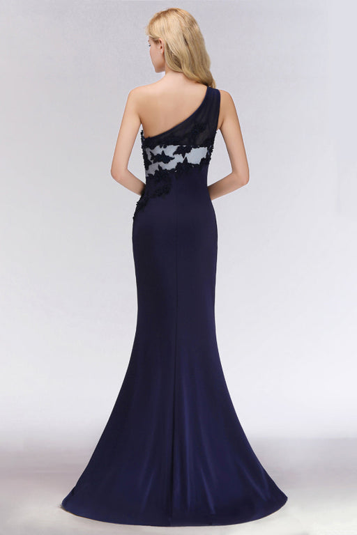 Bridelily Simple Mermaid One-Shoulder Navy Bridesmaid Dresses with Slit