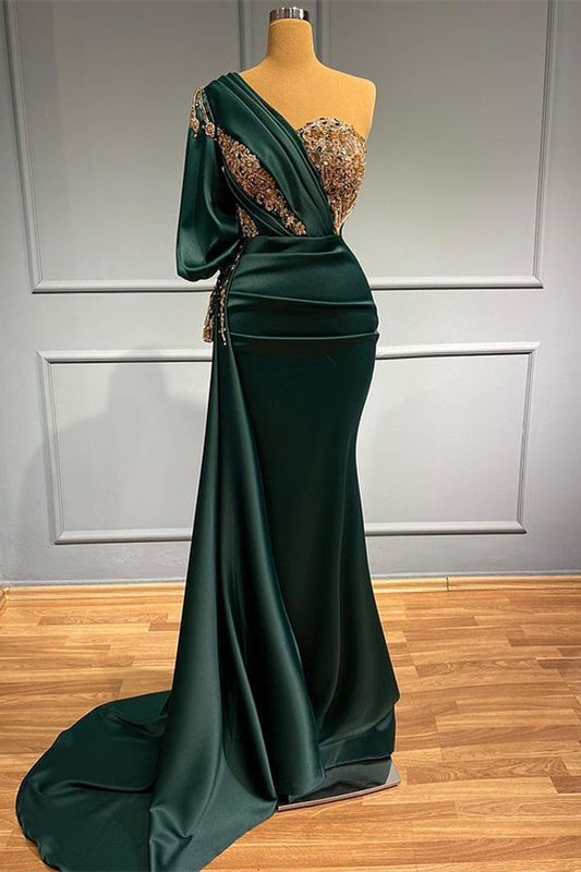 One-Shoulder Mermaid Prom Gown Adorned with Beads and Appliques