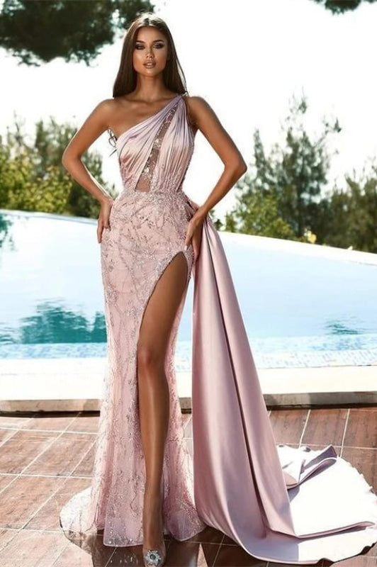 One-Shoulder Mermaid Prom Gown with Beaded Detail and Thigh-High Slit