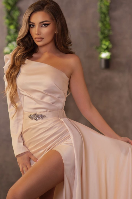 One Shoulder Pleated Prom Dress with High Slit