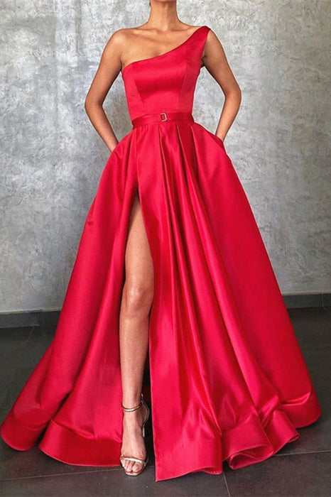 One-Shoulder Prom Gown with Stylish Split and Convenient Pockets