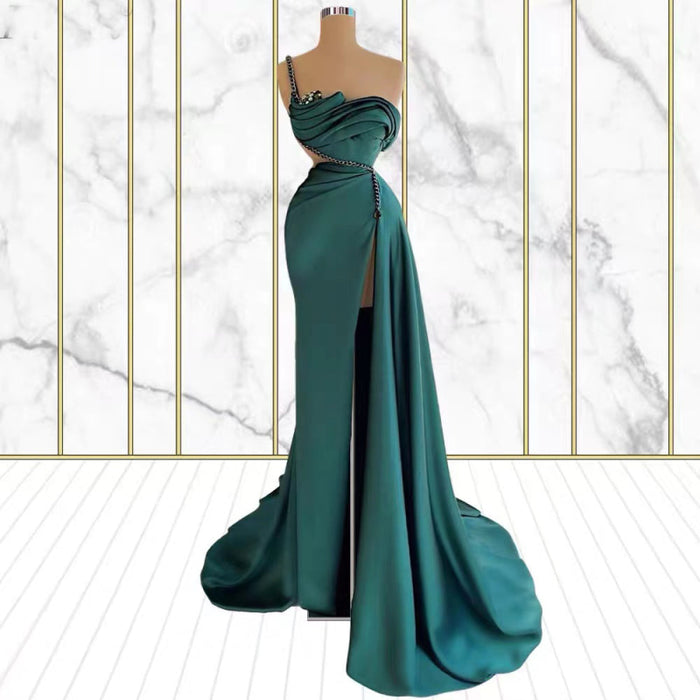 One Shoulder Rhinestone Mermaid Prom Dress With Split - Emerald