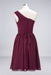 Bridelily Chiffon One Shoulder Ruffle Short Burgundy Bridesmaid Dresses Online