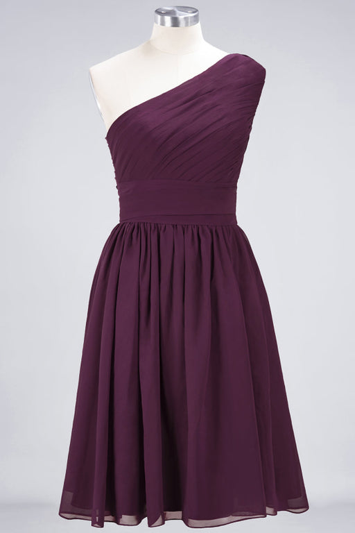 Bridelily Chiffon One Shoulder Ruffle Short Burgundy Bridesmaid Dresses Online