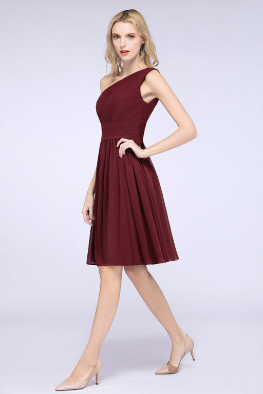 Bridelily Chiffon One Shoulder Ruffle Short Burgundy Bridesmaid Dresses Online