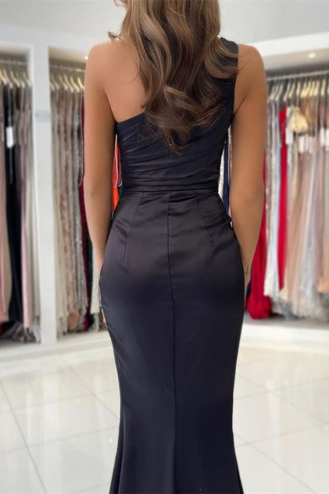 One-Shoulder Sleeveless Black Mermaid Prom Dress with Split