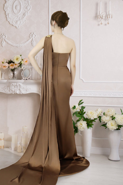 One-Shoulder Sleeveless Brown Long Prom Dress with Slit