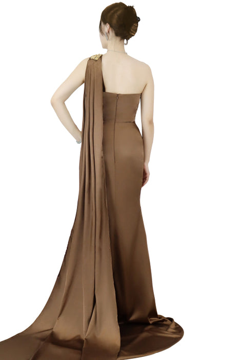 One-Shoulder Sleeveless Brown Long Prom Dress with Slit