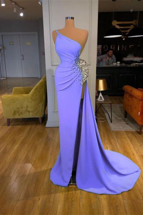 One Shoulder Spaghetti-Strap Sequins Mermaid Prom Dress with Split