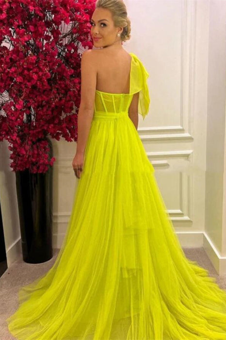 One-Shoulder Tulle A-Line Long Prom Dress with Split