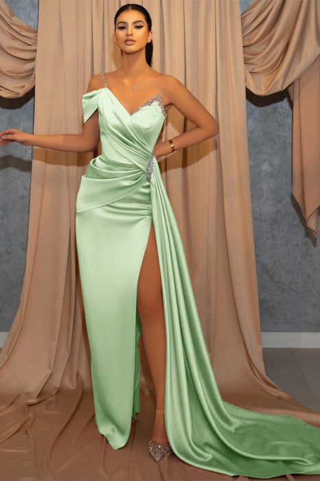 One-Shoulder V-Neck Spaghetti-Strap Beaded Mermaid Prom Dress with Ruffles and Slit