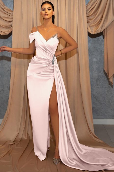 One-Shoulder V-Neck Spaghetti-Strap Beaded Mermaid Prom Dress with Ruffles and Slit