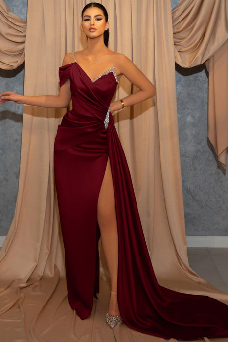 One-Shoulder V-Neck Spaghetti-Strap Beaded Mermaid Prom Dress with Ruffles and Slit