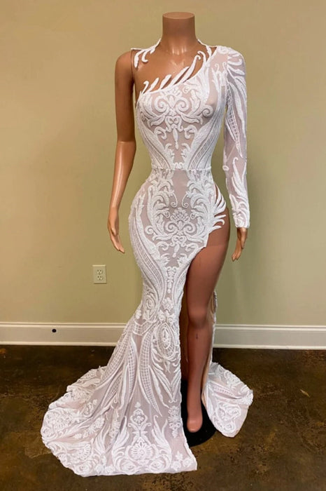 One-Shoulder White Prom Dress: Long Sleeves Mermaid Sequins Lace Split