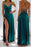 Online Dark Green Strapless Spaghetti-Straps Front Split Evening Dress