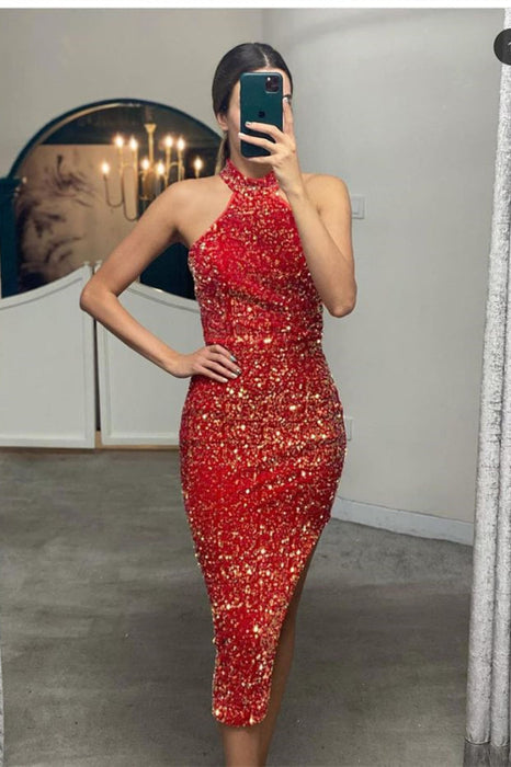 Online Elegant Halter Mermaid Prom Sequins Dress