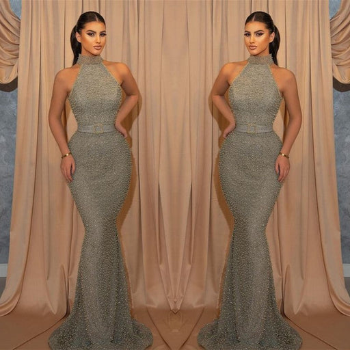 Online Sequined Sleeveless Halter Mermaid Evening Dress with Belt