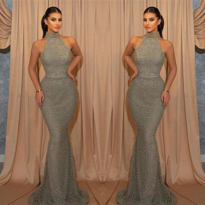 Online Sequined Sleeveless Halter Mermaid Evening Dress with Belt