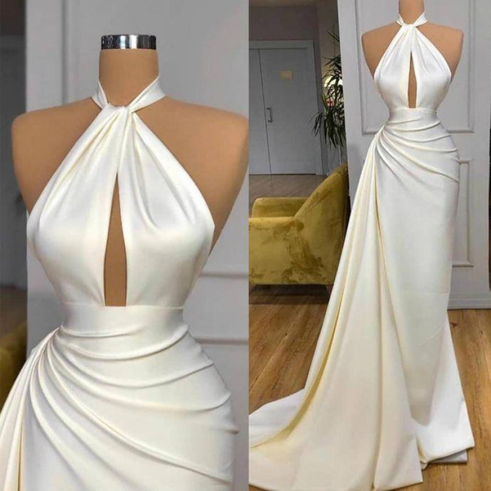 Opulent Ivory Halter Neck Mermaid Evening Gown