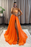 Orange High Split A-Line Spaghetti-Straps Long Prom Dress