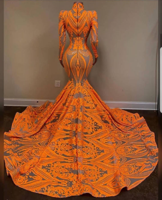 Orange Long Sleeves Mermaid Prom Dress with Sequins Lace